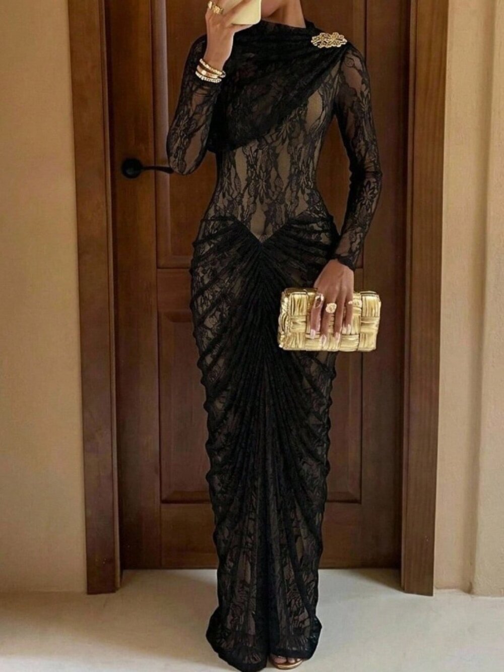 Black Elegant Women's Lace Long Dress